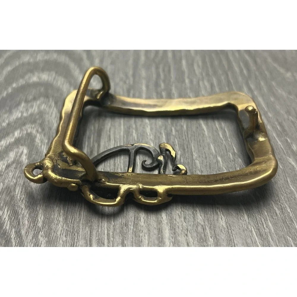 Vintage Dick Peck Belt Buckle Mens Brass Hammered Monogram JDM Signed 1976 1970s